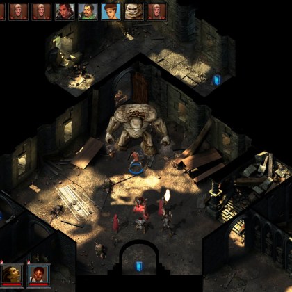 Epic battle scene in The Temple of Elemental Evil with characters and a giant creature.