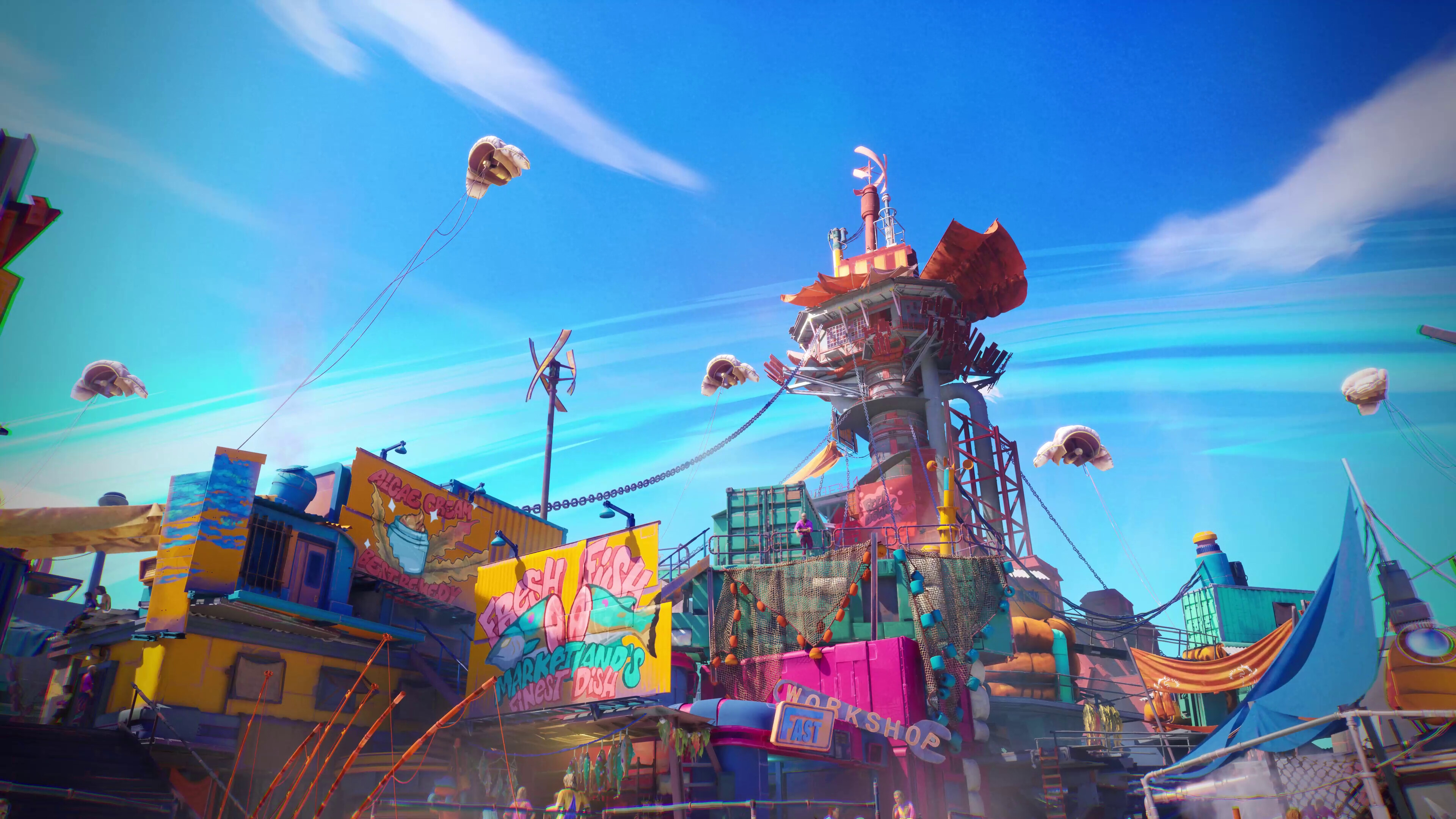Colorful coastal settlement with a vibrant tower and floating jellyfish in Tides of Tomorrow