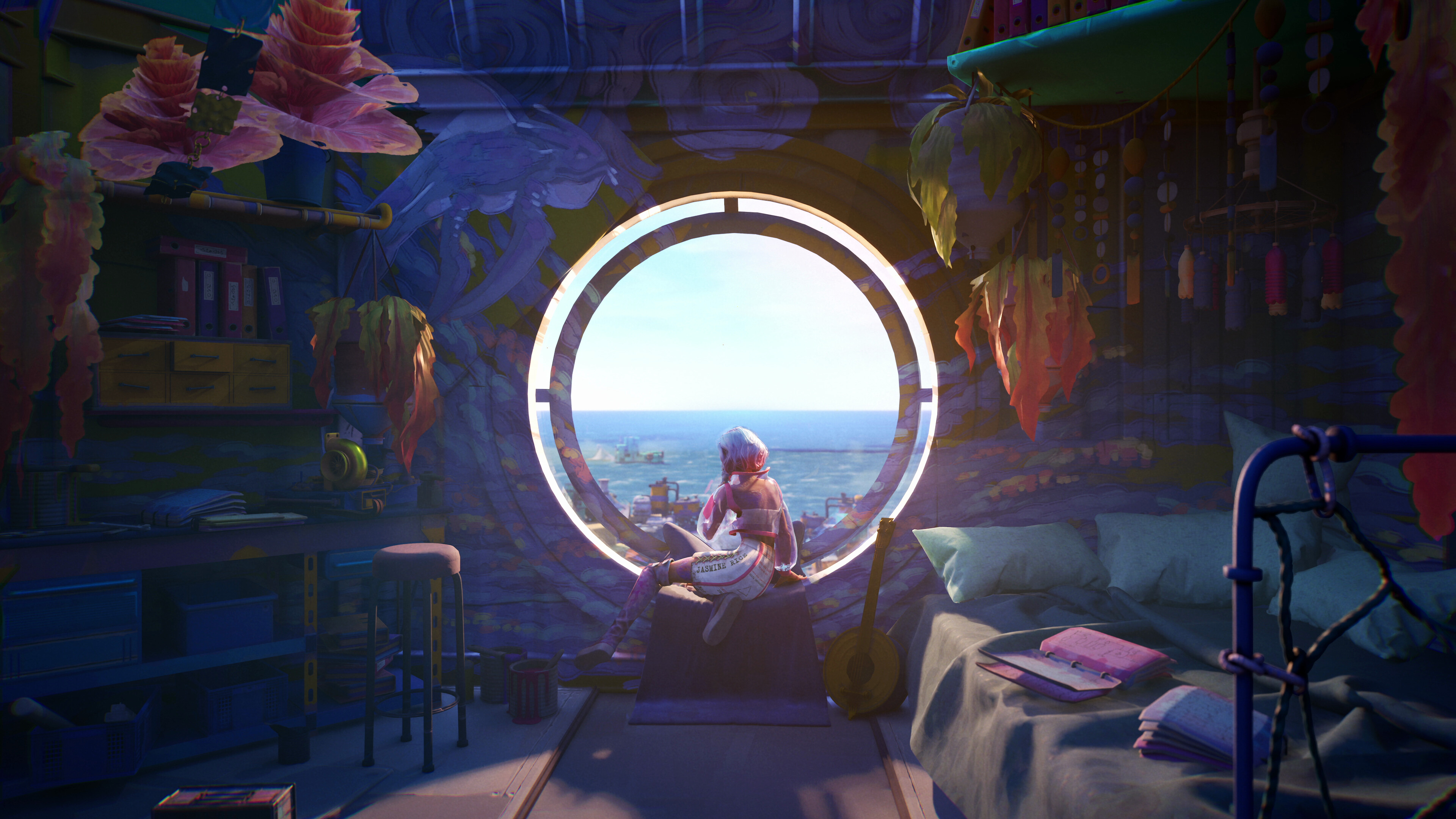 Kass sitting by a round window in her cozy underwater room in Tides of Tomorrow