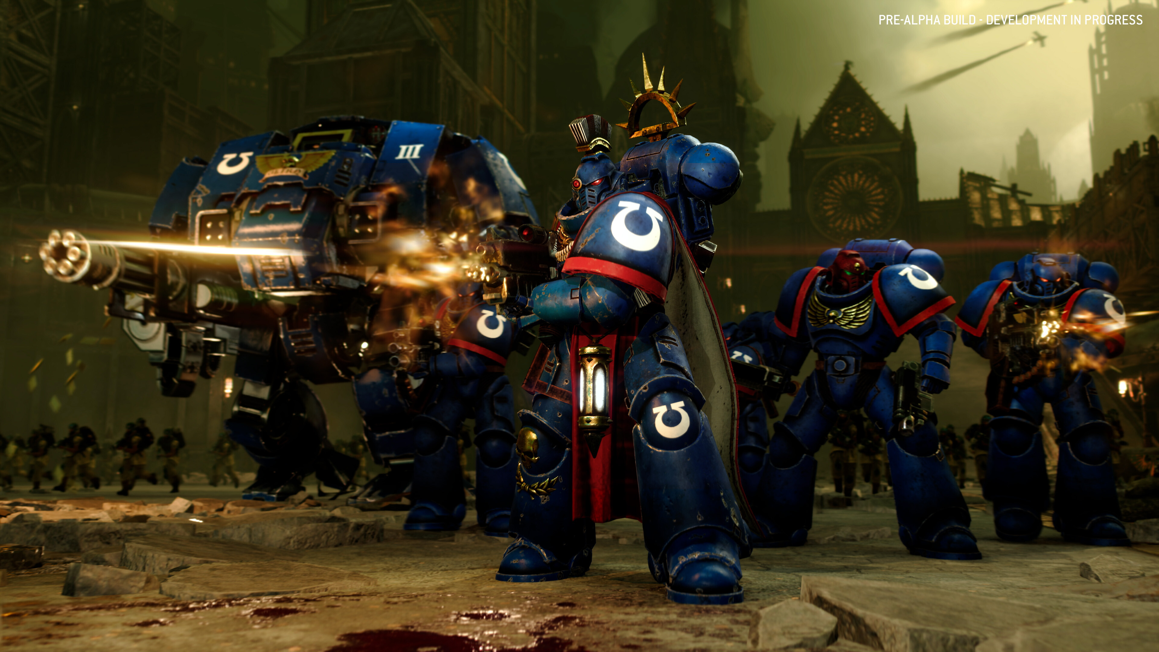 Epic battle scene in Total War: WARHAMMER 40,000 with Space Marines and a massive walker.