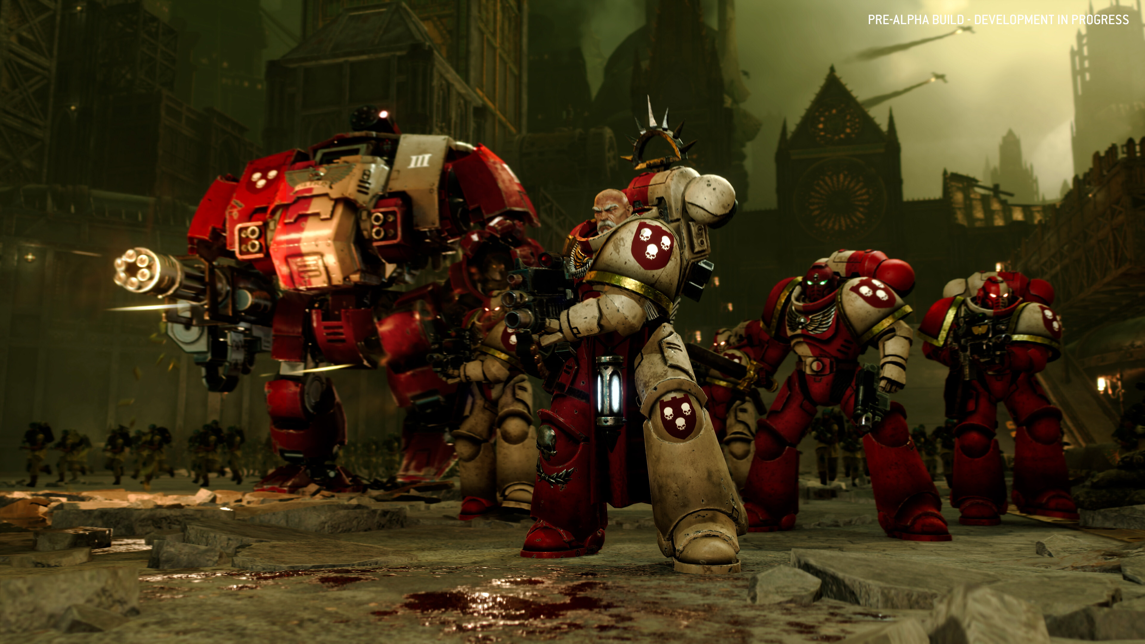 Epic scene from Total War: WARHAMMER 40,000 featuring Space Marines and a Titan.