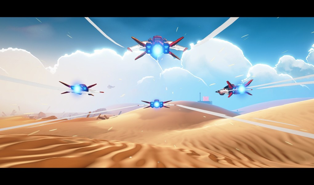 Colorful aerial combat scene in Wild Blue Skies with futuristic ships