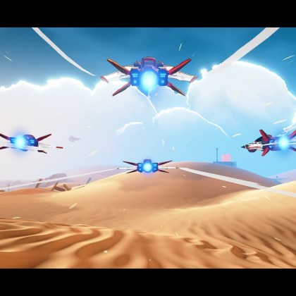 Colorful aerial combat scene in Wild Blue Skies with futuristic ships
