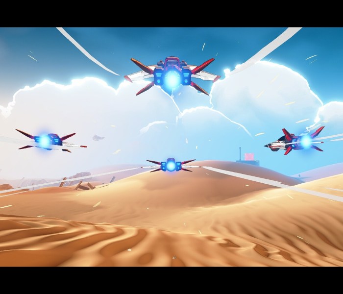 Colorful aerial combat scene in Wild Blue Skies with futuristic ships