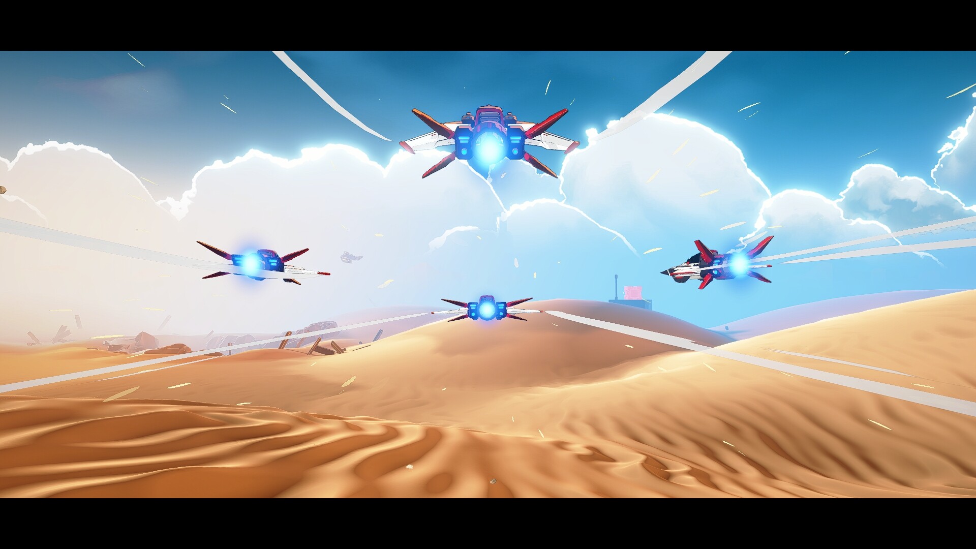 Colorful aerial combat scene in Wild Blue Skies with futuristic ships