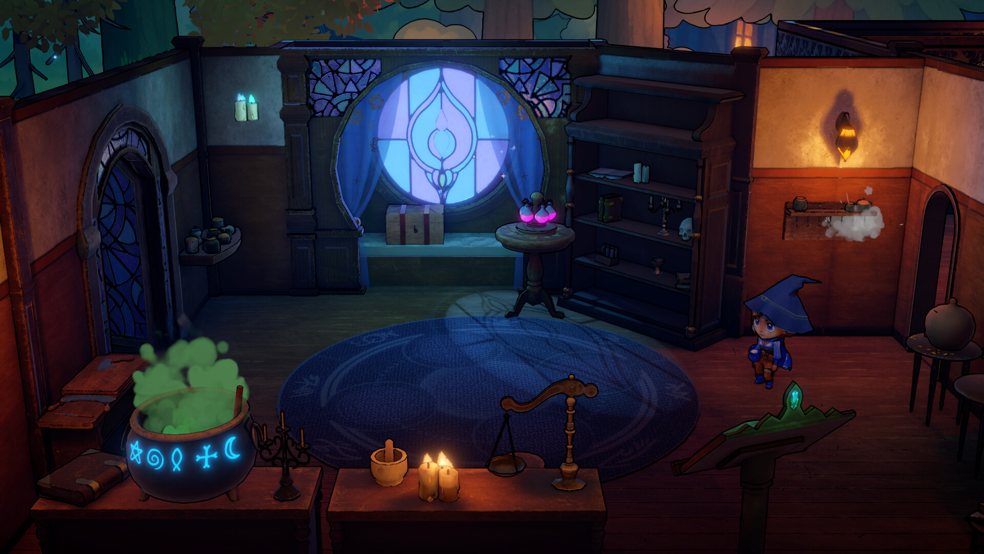 Cozy Potions: The Alchemist's Shop interior with potion crafting scene
