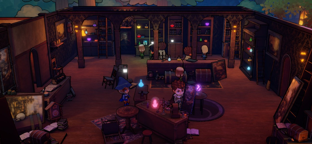 Cozy Potions: The Alchemist's Shop interior with characters crafting potions.