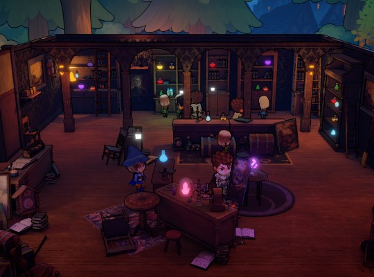 Cozy Potions: The Alchemist's Shop interior with characters crafting potions.