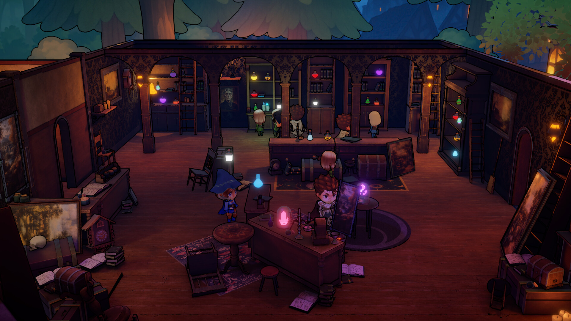 Cozy Potions: The Alchemist's Shop interior with characters crafting potions.