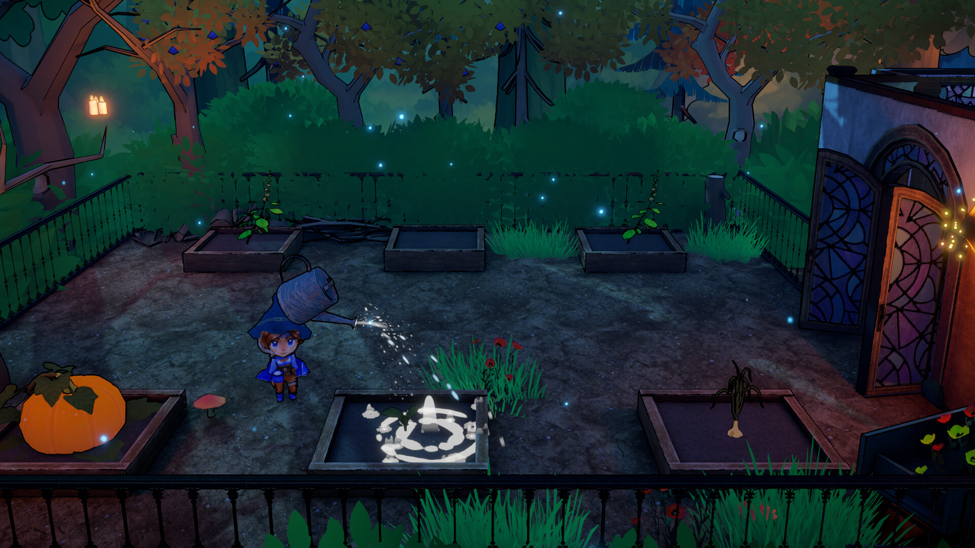 A character watering plants in a cozy alchemist's garden in Cozy Potions: The Alchemist's Shop.