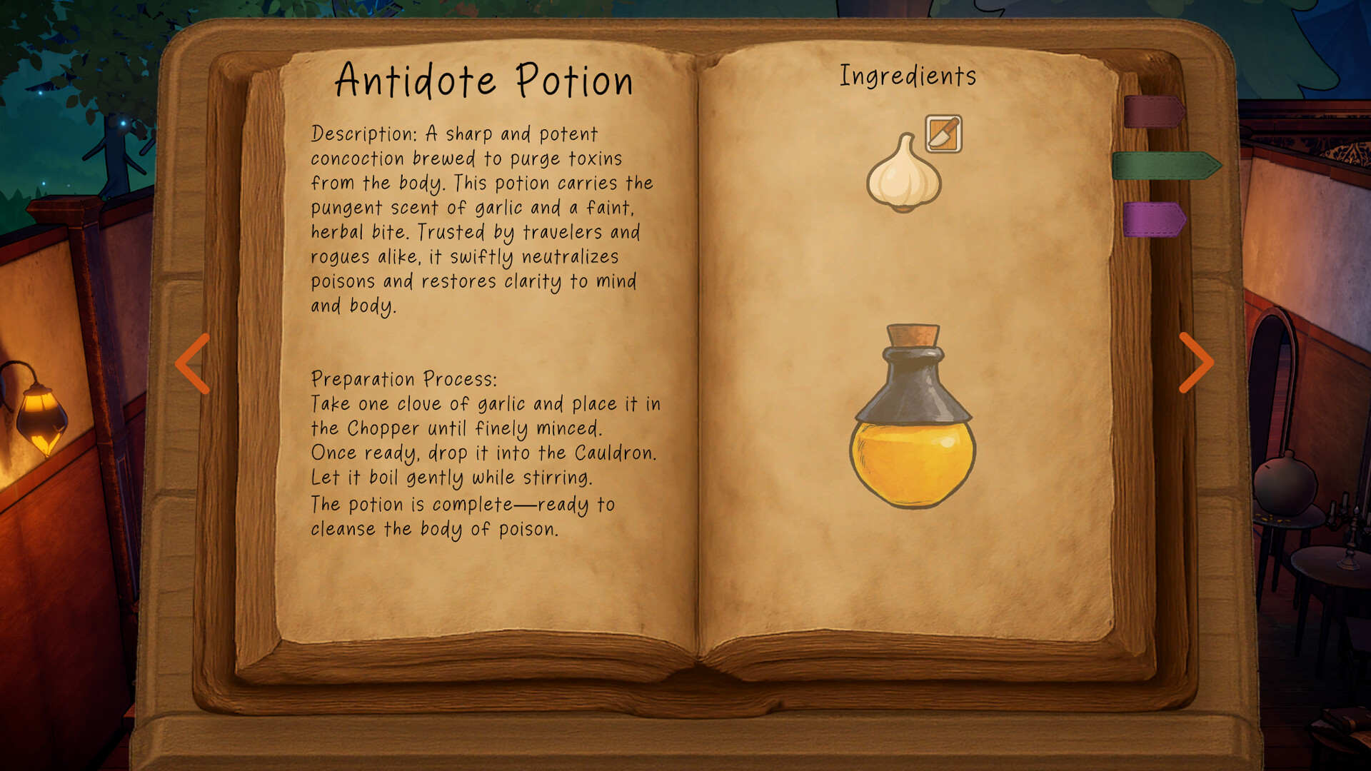 Antidote potion recipe from Cozy Potions: The Alchemist's Shop