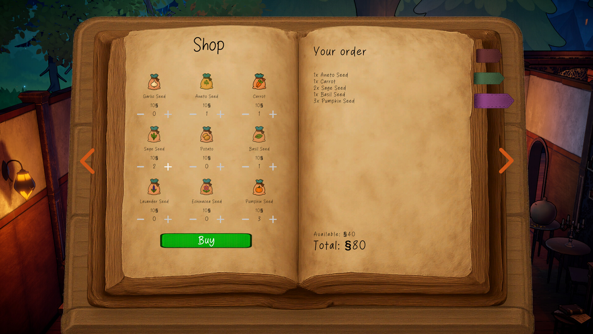 Cozy Potions shop interface showing potion ingredients and order details