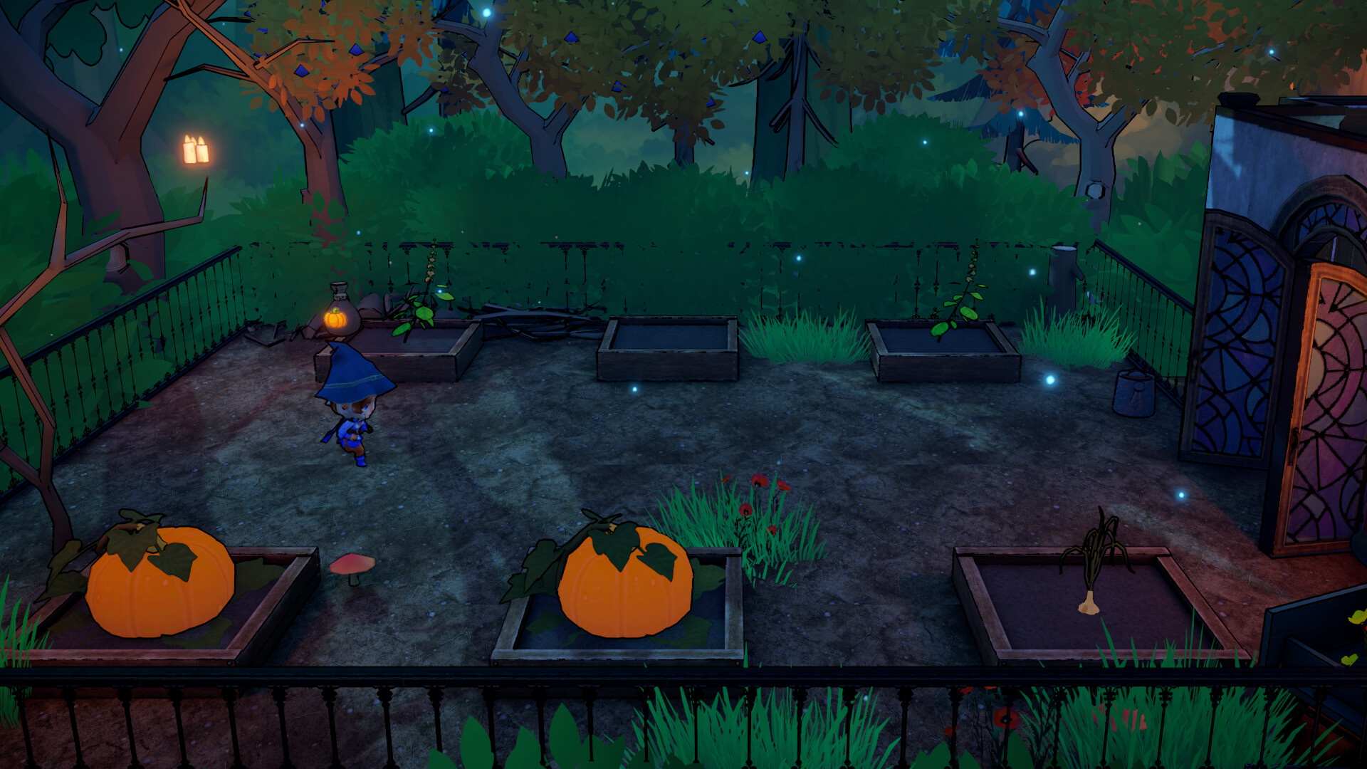 A cozy alchemist's garden with pumpkins and plants in Cozy Potions game.