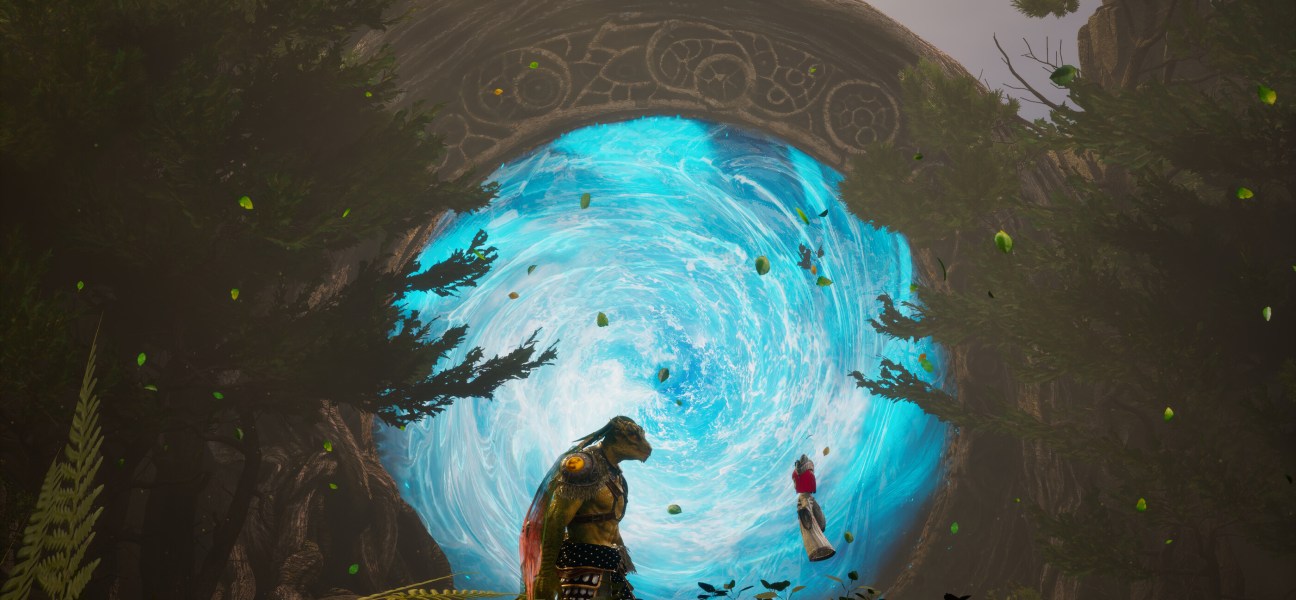 A mystical portal in Dragon Khan with a dragon character and vibrant blue energy