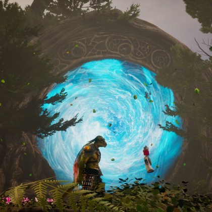 A mystical portal in Dragon Khan with a dragon character and vibrant blue energy