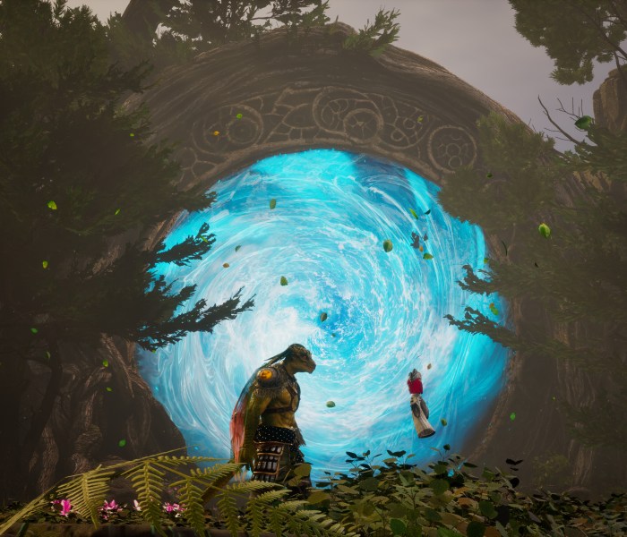 A mystical portal in Dragon Khan with a dragon character and vibrant blue energy