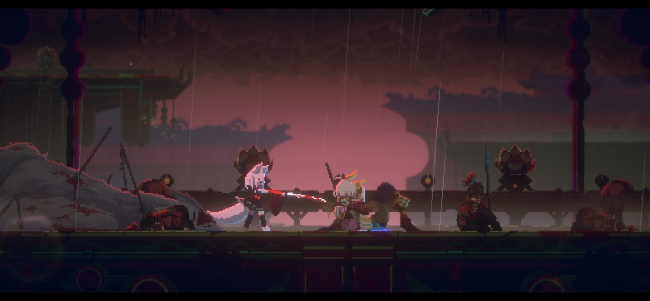 Intense combat scene from Inari, showcasing a kunai-wielding character in an Eastern fantasy world.