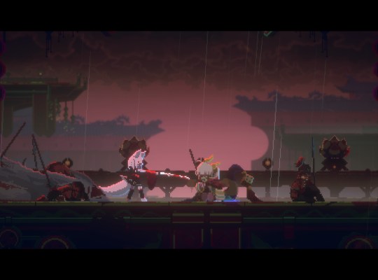 Intense combat scene from Inari, showcasing a kunai-wielding character in an Eastern fantasy world.