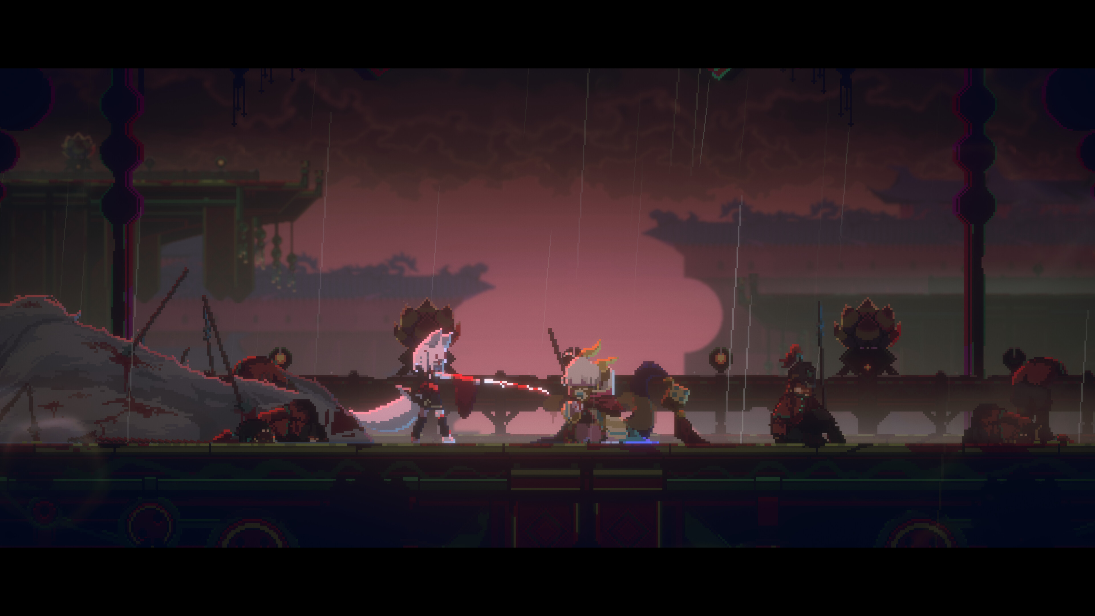 Intense combat scene from Inari, showcasing a kunai-wielding character in an Eastern fantasy world.