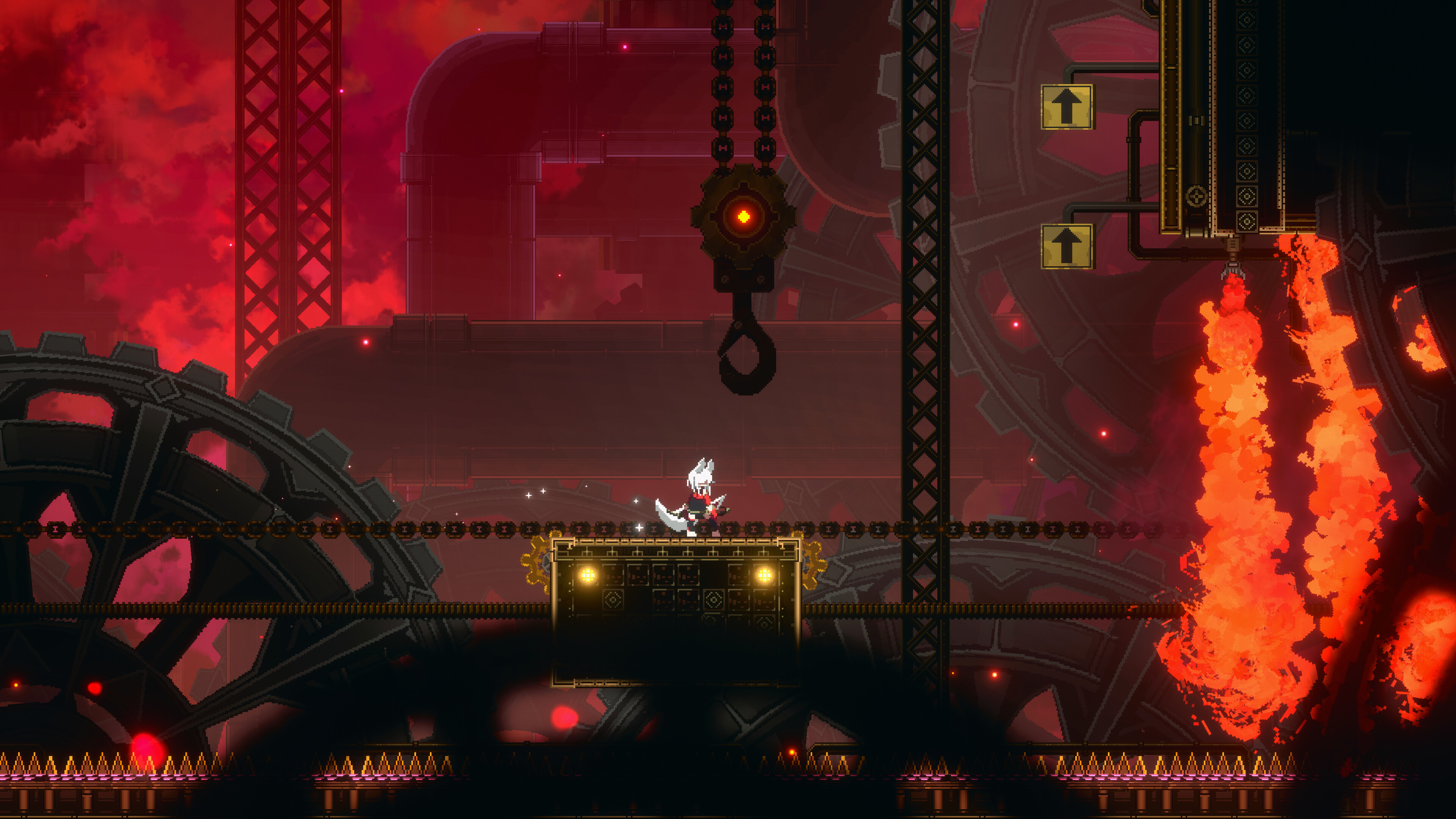 Inari gameplay showcasing a character in a fiery industrial landscape