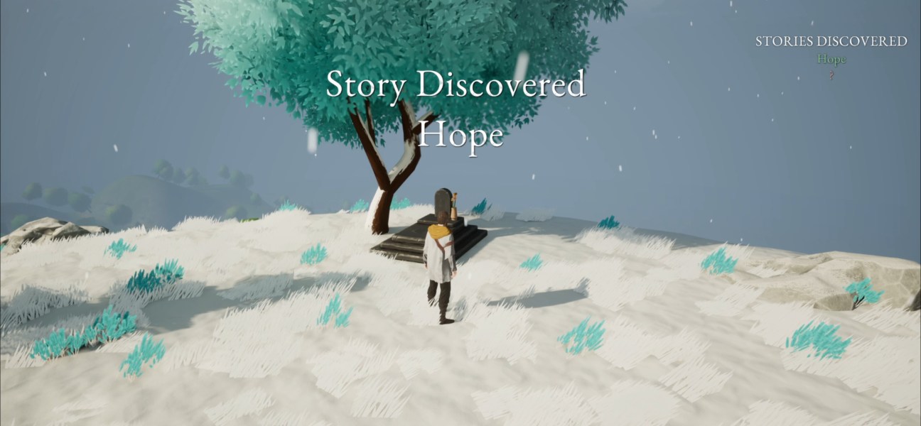 Character discovering a story under a tree in Kinsfolk game