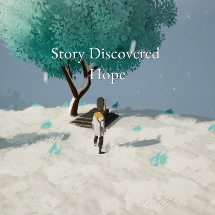 Character discovering a story under a tree in Kinsfolk game