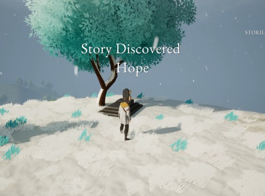 Character discovering a story under a tree in Kinsfolk game