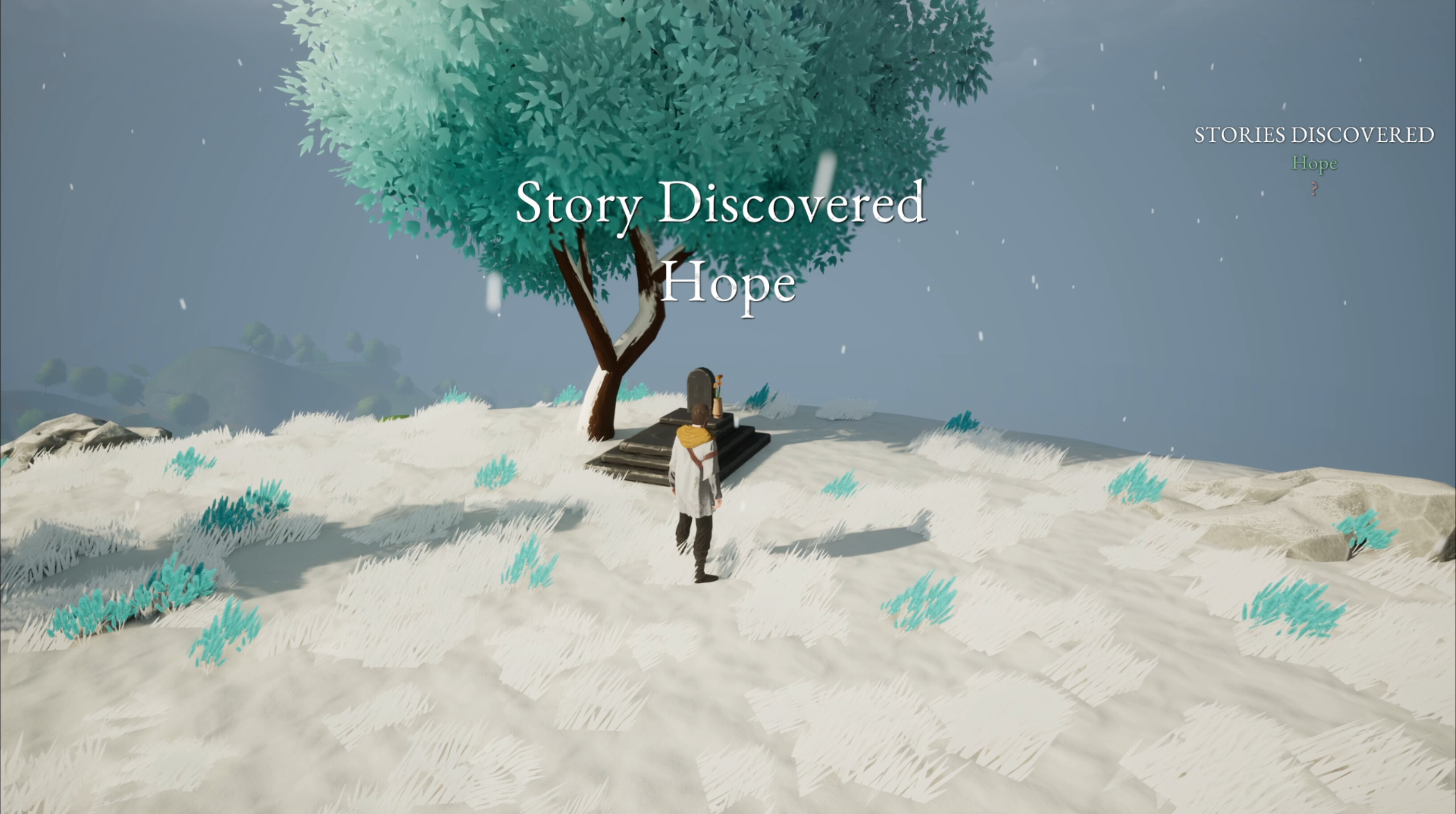 Character discovering a story under a tree in Kinsfolk game