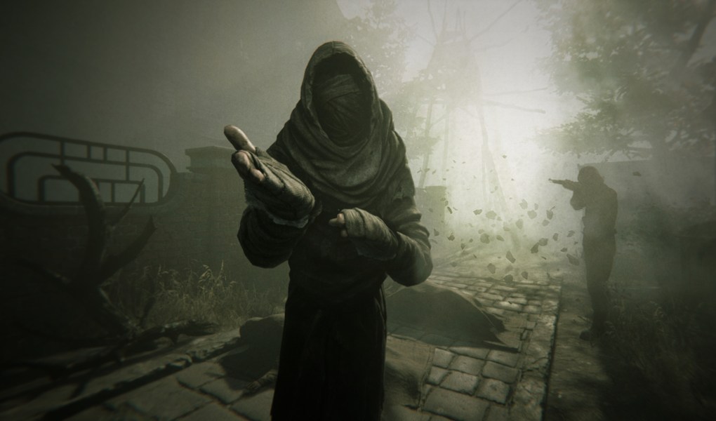 Mysterious figure in Pathologic 3 with eerie atmosphere and decaying town backdrop