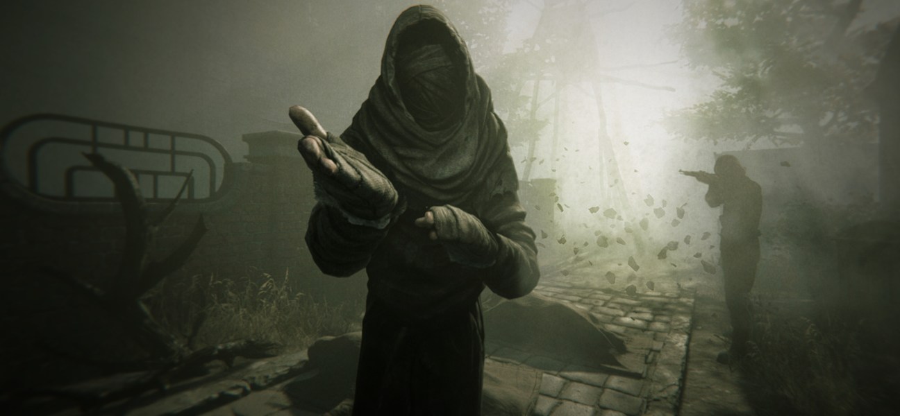 Mysterious figure in Pathologic 3 with eerie atmosphere and decaying town backdrop