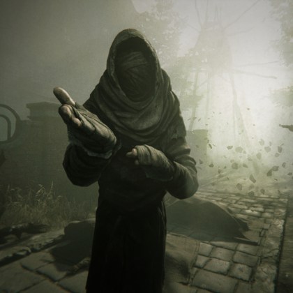 Mysterious figure in Pathologic 3 with eerie atmosphere and decaying town backdrop