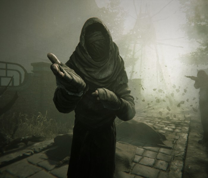 Mysterious figure in Pathologic 3 with eerie atmosphere and decaying town backdrop