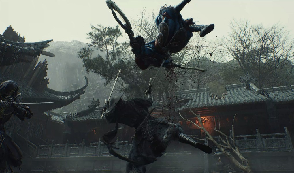 Dynamic action scene from Phantom Blade Zero featuring an assassin in mid-air combat.