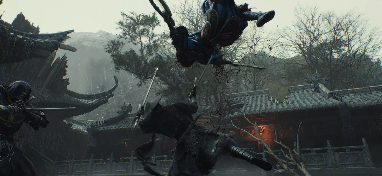 Dynamic action scene from Phantom Blade Zero featuring an assassin in mid-air combat.