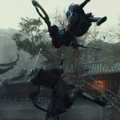 Dynamic action scene from Phantom Blade Zero featuring an assassin in mid-air combat.