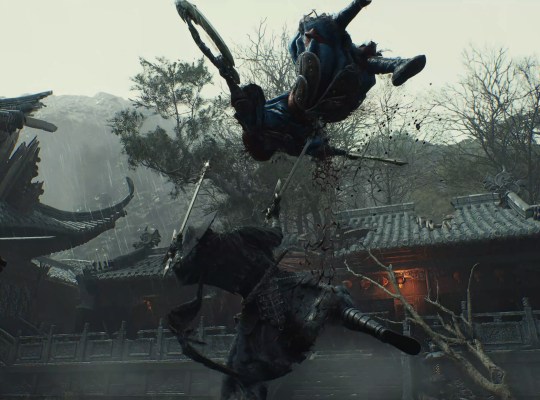 Dynamic action scene from Phantom Blade Zero featuring an assassin in mid-air combat.