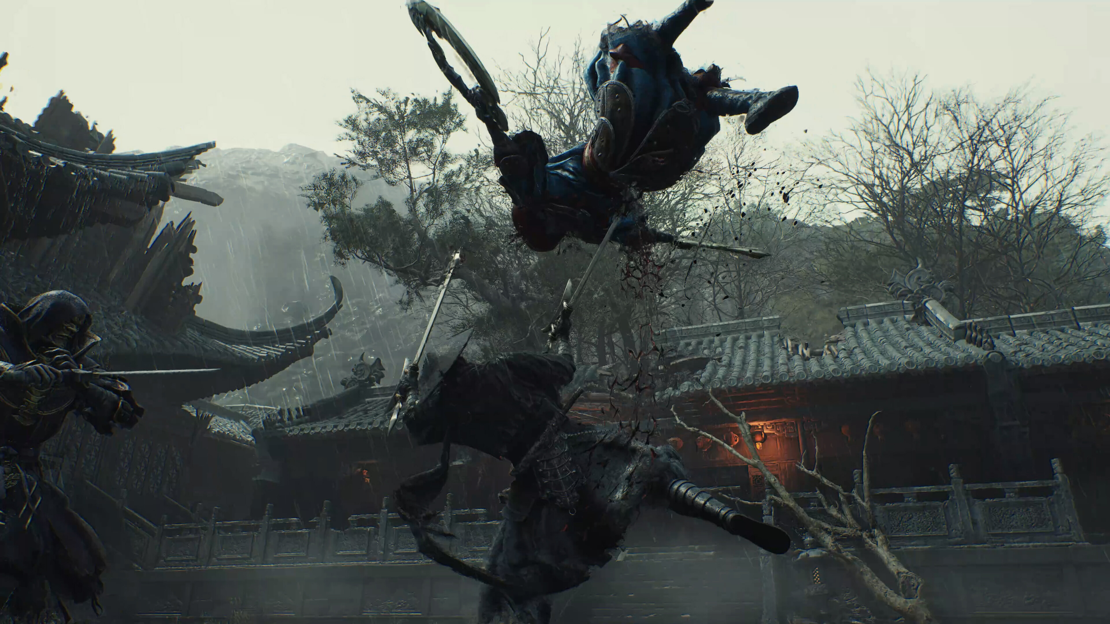 Dynamic action scene from Phantom Blade Zero featuring an assassin in mid-air combat.