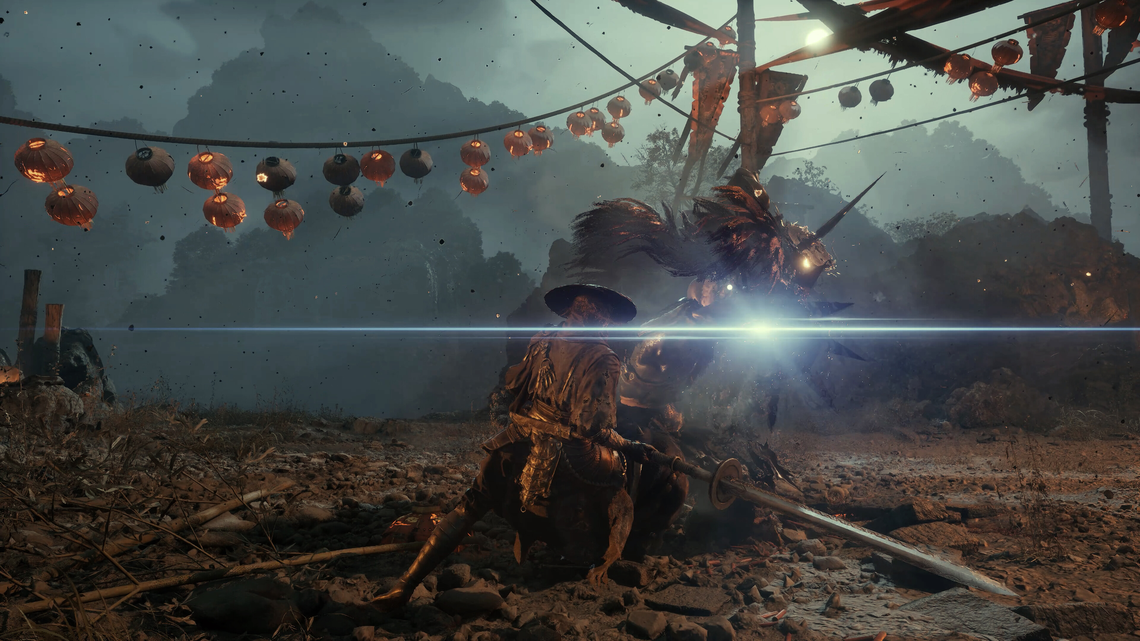 Epic battle scene from Phantom Blade Zero featuring an assassin and a mystical creature.