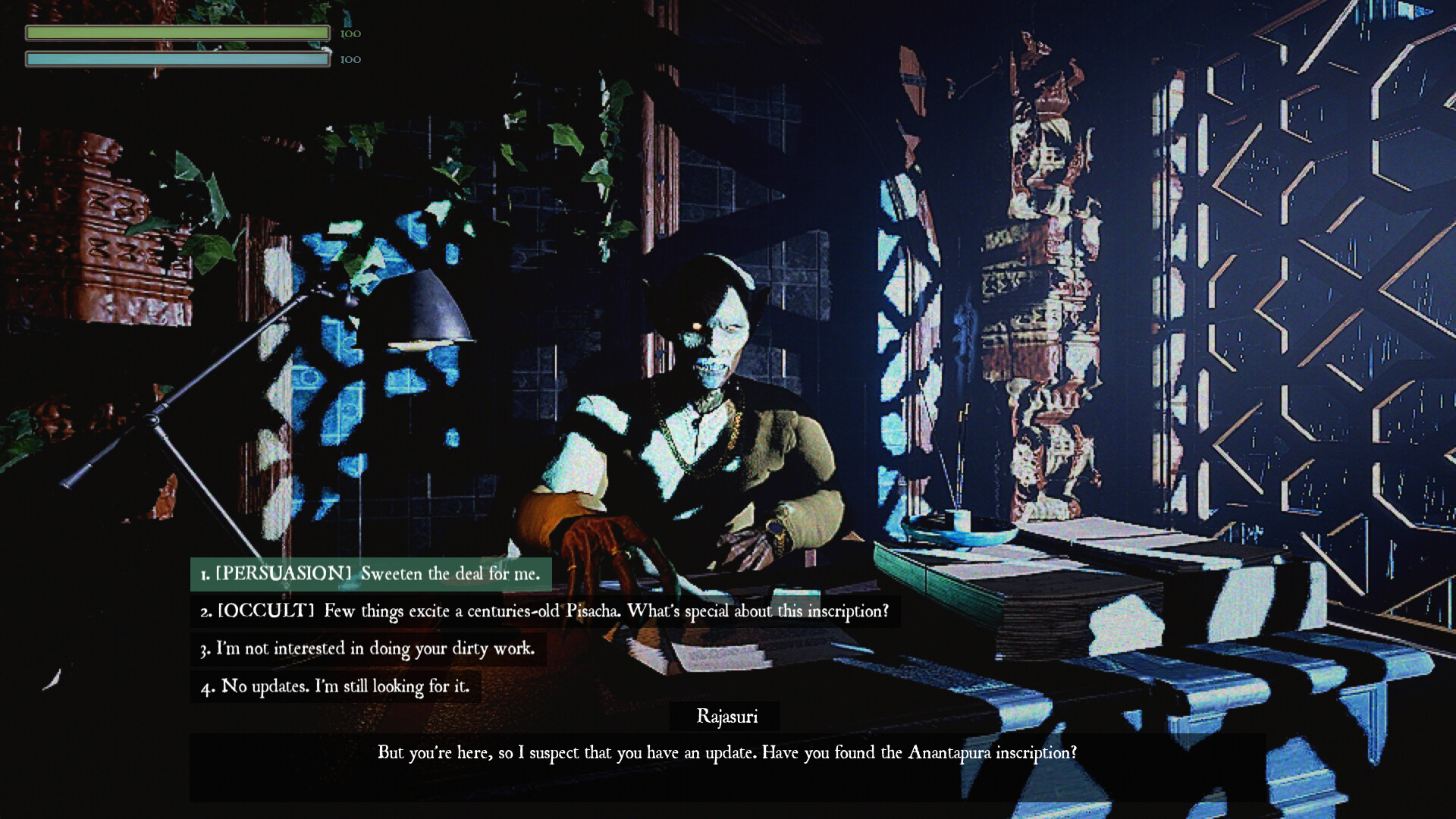 A character in Rakshasa RPG discussing an inscription in a mystical setting.
