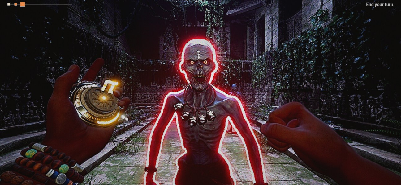 First-person view of a Tantrik spellcaster facing a mythological demon in Rakshasa.