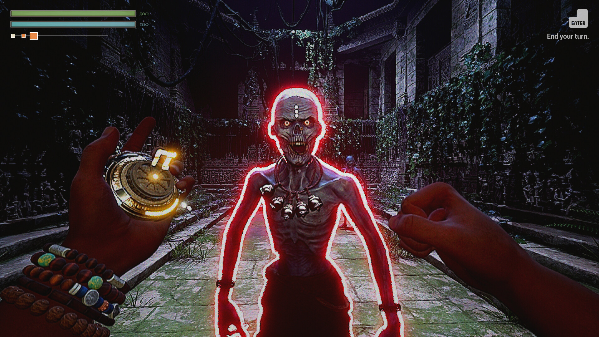 First-person view of a Tantrik spellcaster facing a mythological demon in Rakshasa.