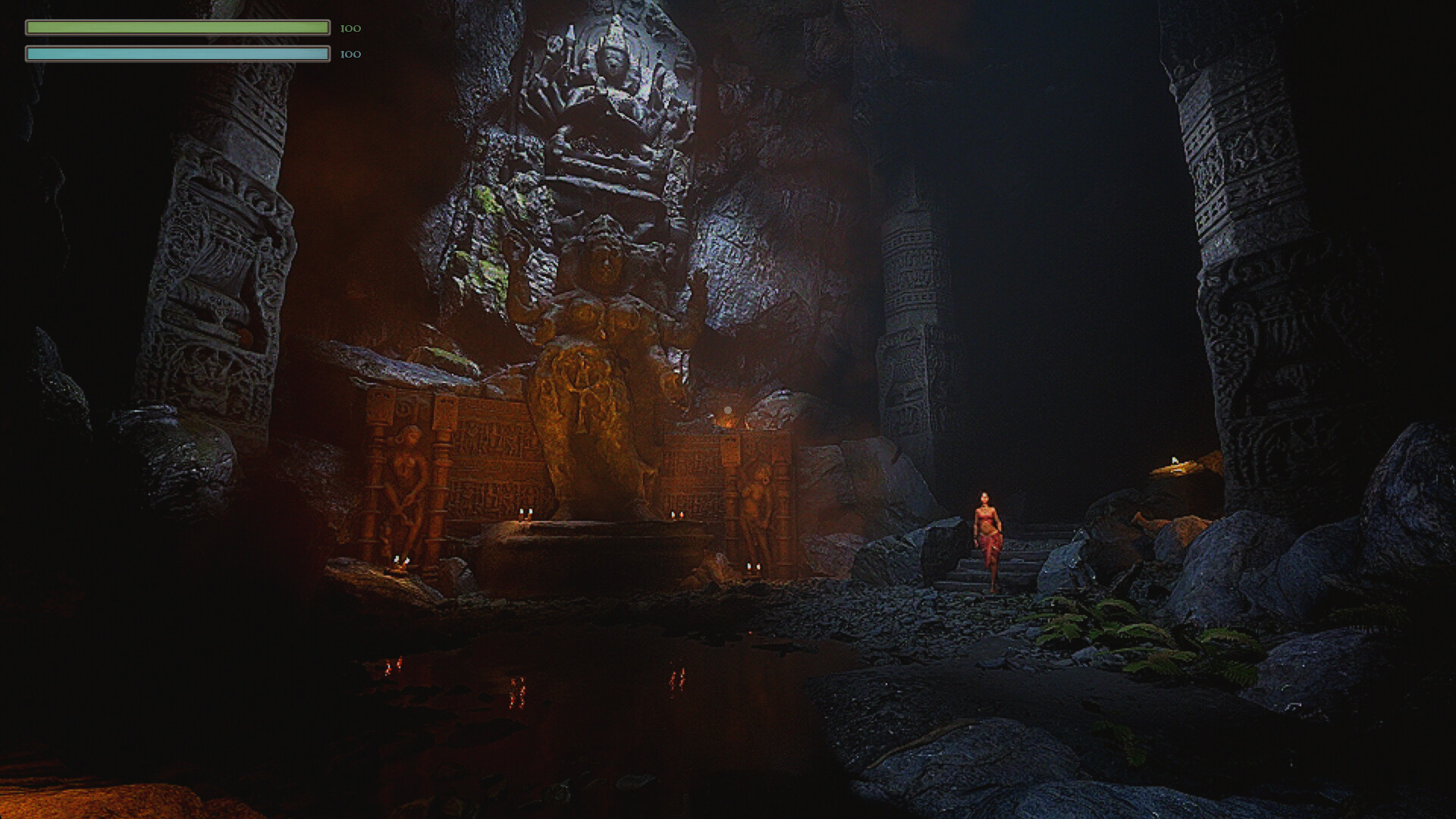 A character stands before a mystical statue in a dark cave, showcasing Rakshasa's immersive world.