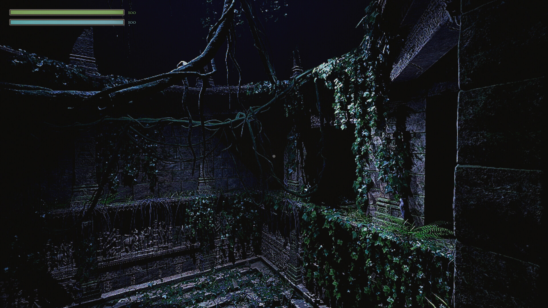 Dark, overgrown temple interior showcasing ancient architecture and mystical atmosphere.