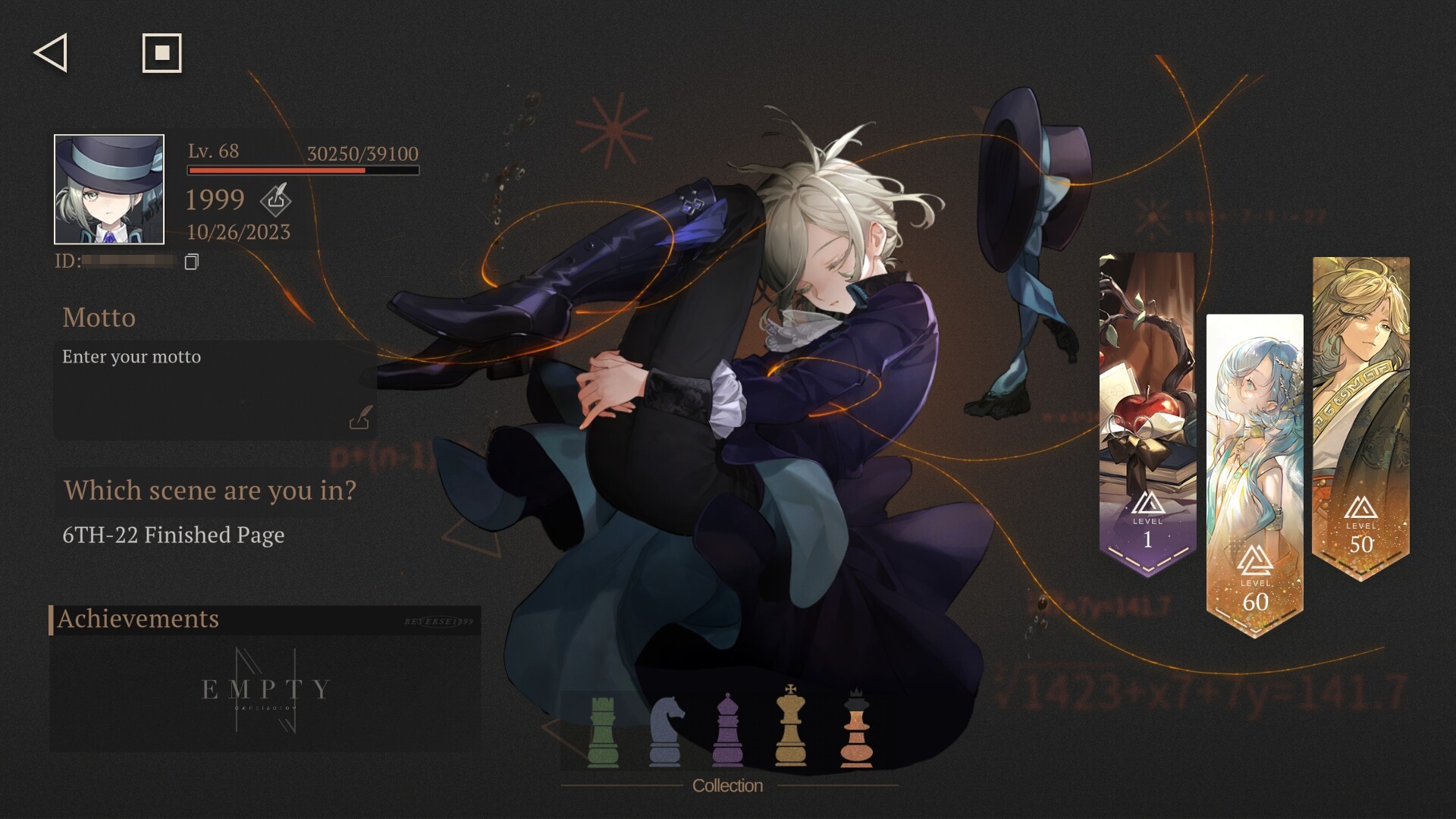 Character showcase from Reverse: 1999 with UI elements and achievements