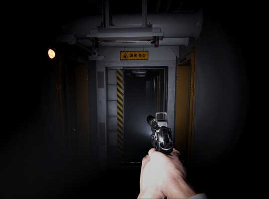 First-person view of a character holding a gun in a dark corridor aboard a ship.
