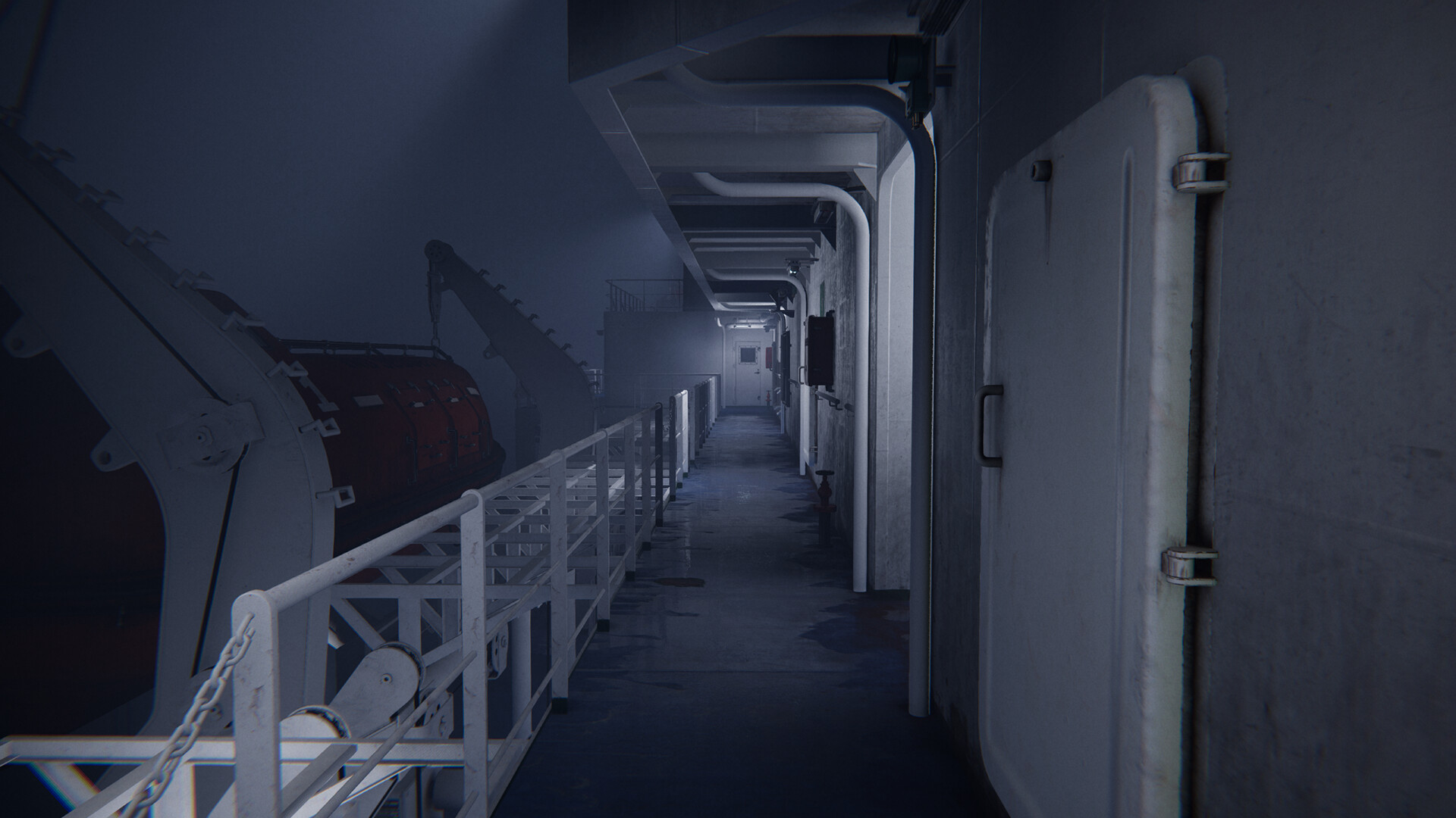 Dark corridor on a derelict cult cruise ship in Senara: The Sacrament