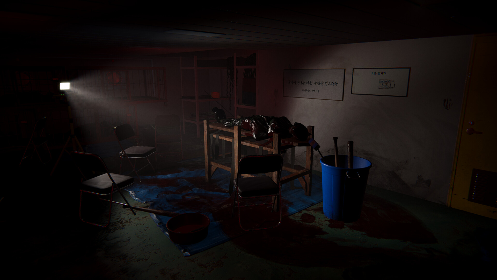 Dark, eerie interior of a cult cruise ship with a blood-stained table and chairs.