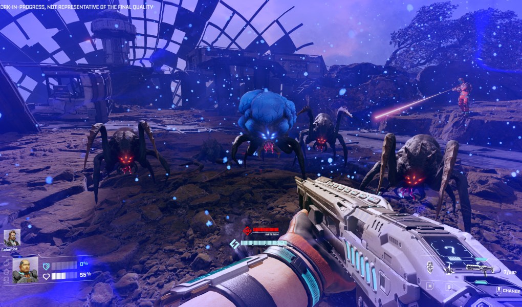 Intense sci-fi battle scene in StarRupture featuring alien creatures and futuristic weaponry.