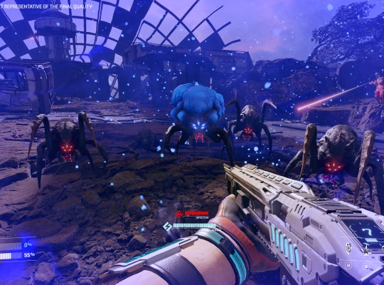 Intense sci-fi battle scene in StarRupture featuring alien creatures and futuristic weaponry.