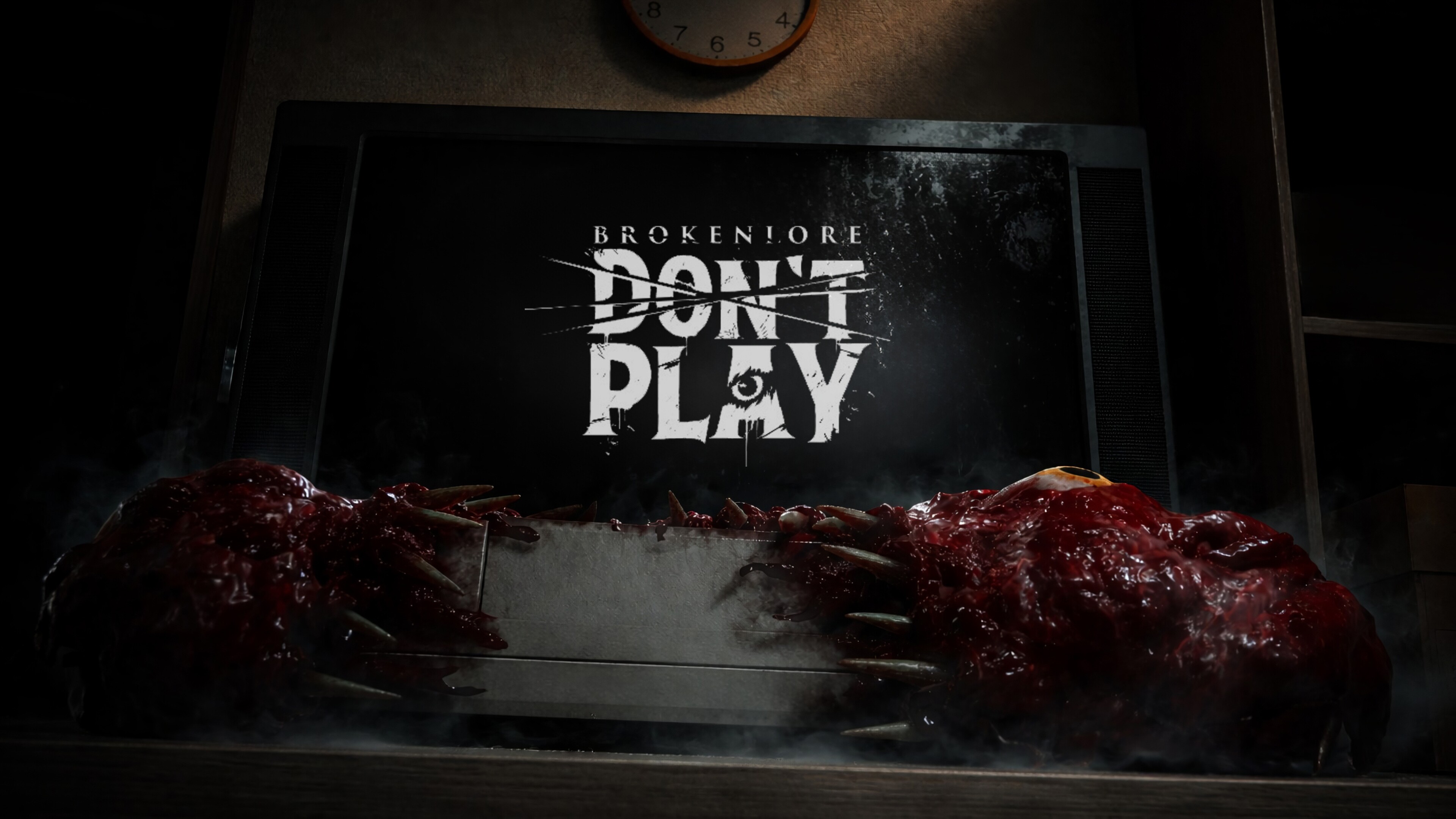 BrokenLore: Don't Play trailer screenshot featuring a creepy console and horror elements.